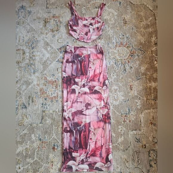Blanc pink floral Maxi Skirt with Corset style top that zips up in back. Sz sm, - Picture 1 of 8